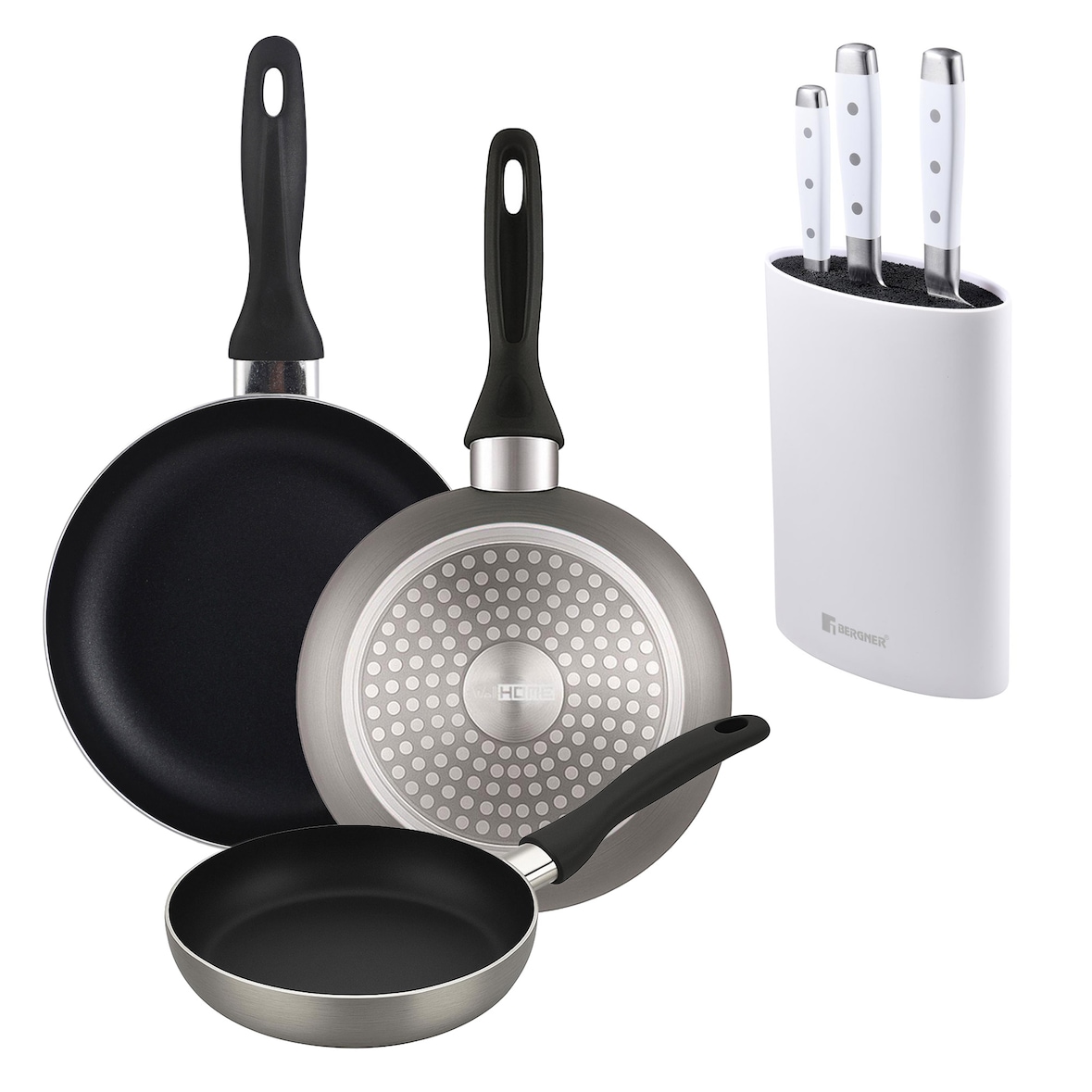 BERGNER - Set 3 padelle Ø16/20/24cm in alluminio pressato colore grigio metallizzato con Set 3 coltelli in acciaio inossidabile con supporto