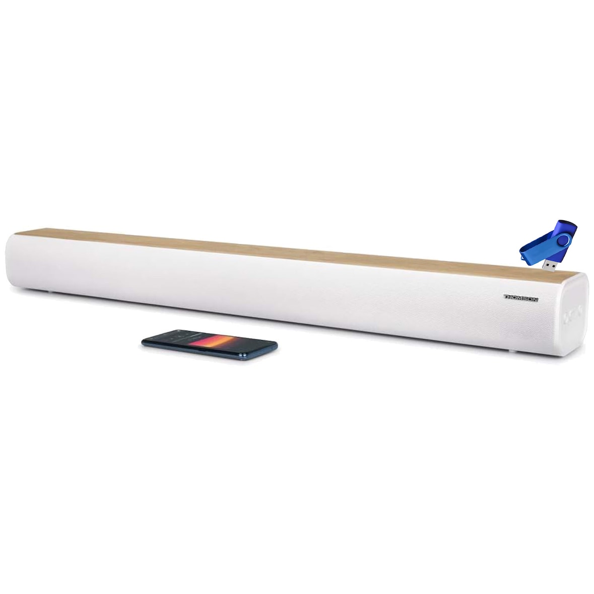Barre de son THOMSON SB401BT  blanche et bois – Bluetooth, HDMI ARC, USB, optique, audio TV amélioré, clé USB 32 gigas,  tél