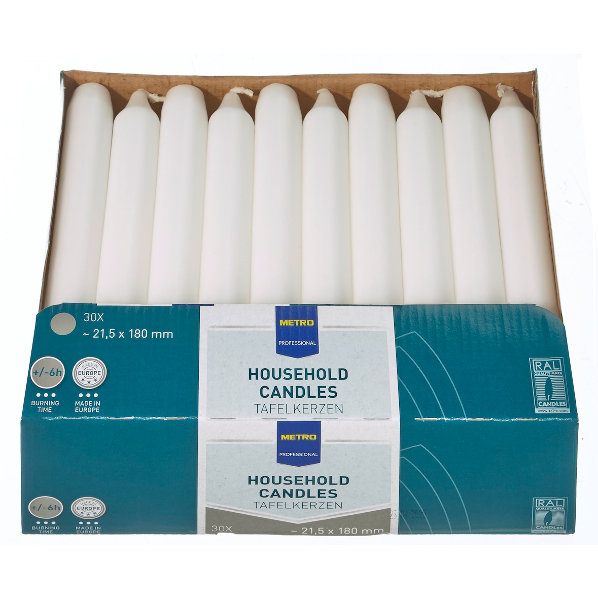 METRO Professional Candele da tavola, paraffina, 2,15 x 18 cm, circa 6 ore, bianco, 30 pezzi