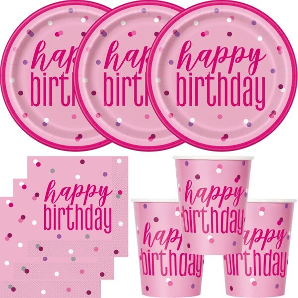 Partyset Einweggeschirr rosa pink 48 tlg. Partygeschirr Teller Becher Servietten Geburtstag Happy Birthday
