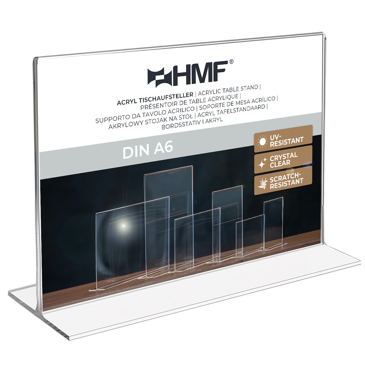 HMF Acryl Tischaufsteller DIN A6, Doppelseitiger T-Ständer Aufsteller, Querformat, Glasklar