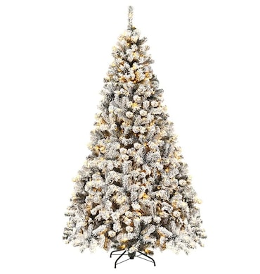 COSTWAY Árvore de Natal Artificial de 225 cm com Neve e Luzes LED Branco Quente, Árvore de Natal com Suporte Metálico