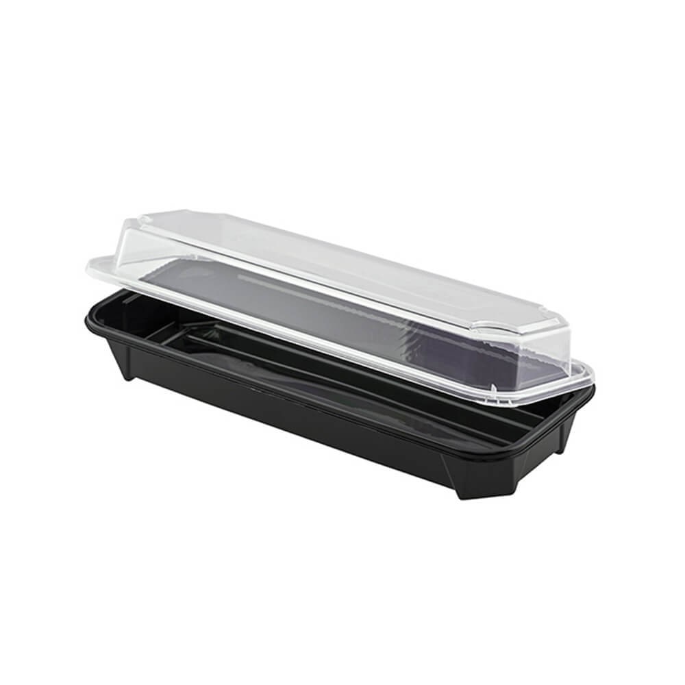 ENVASES DEL MEDITERRÁNEO · BANDEJA PARA SUSHI NEGRA + TAPA 214X83X28 mm. (270 Uds.) · take away · restauración