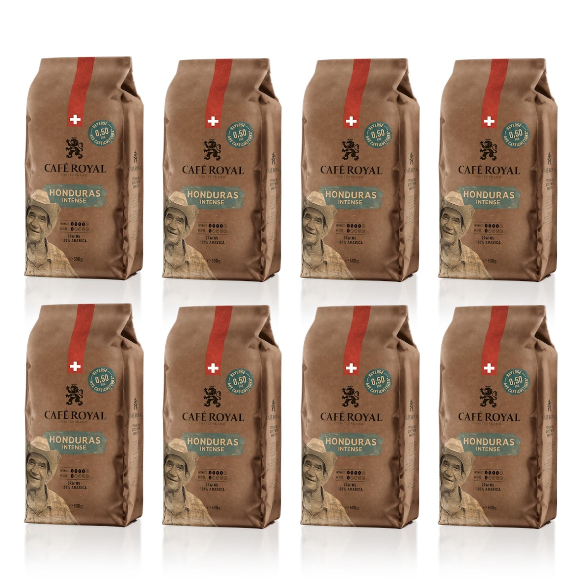 8 x 500 GR - Café Royal Honduras Intenso - Café Torréfié en Grains - Intensité 4/5 - Grains 100% Arabica Durables du Honduras - Certifiés Fairtrade