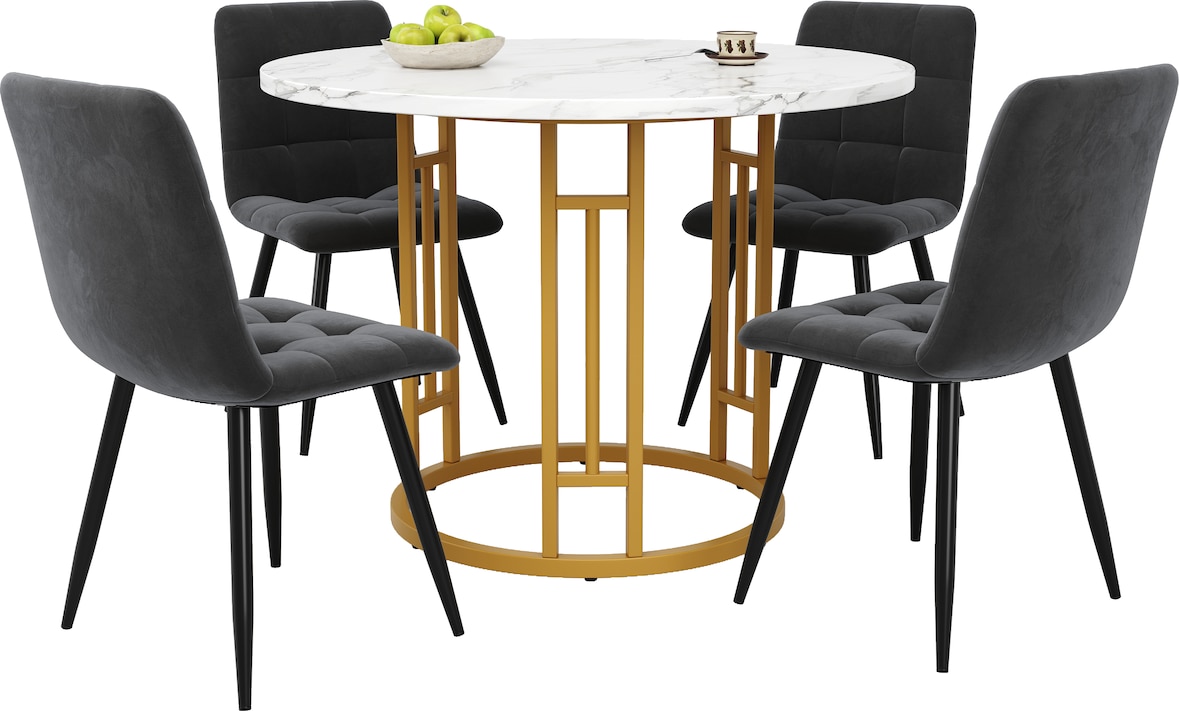 Esstisch Set 80x80x76 Rund Modern MDF Marmorplatte Metallgestell 4 Samt Stühle Komfort Essgruppe Gold Grau Stilvoll
