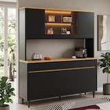 thumbnail of Merax LED buffetkast 160x40x185 cm, hoge kast zwart-eiken met stopcontact, USB-A/USB-C, opbergruimte en koffiestation