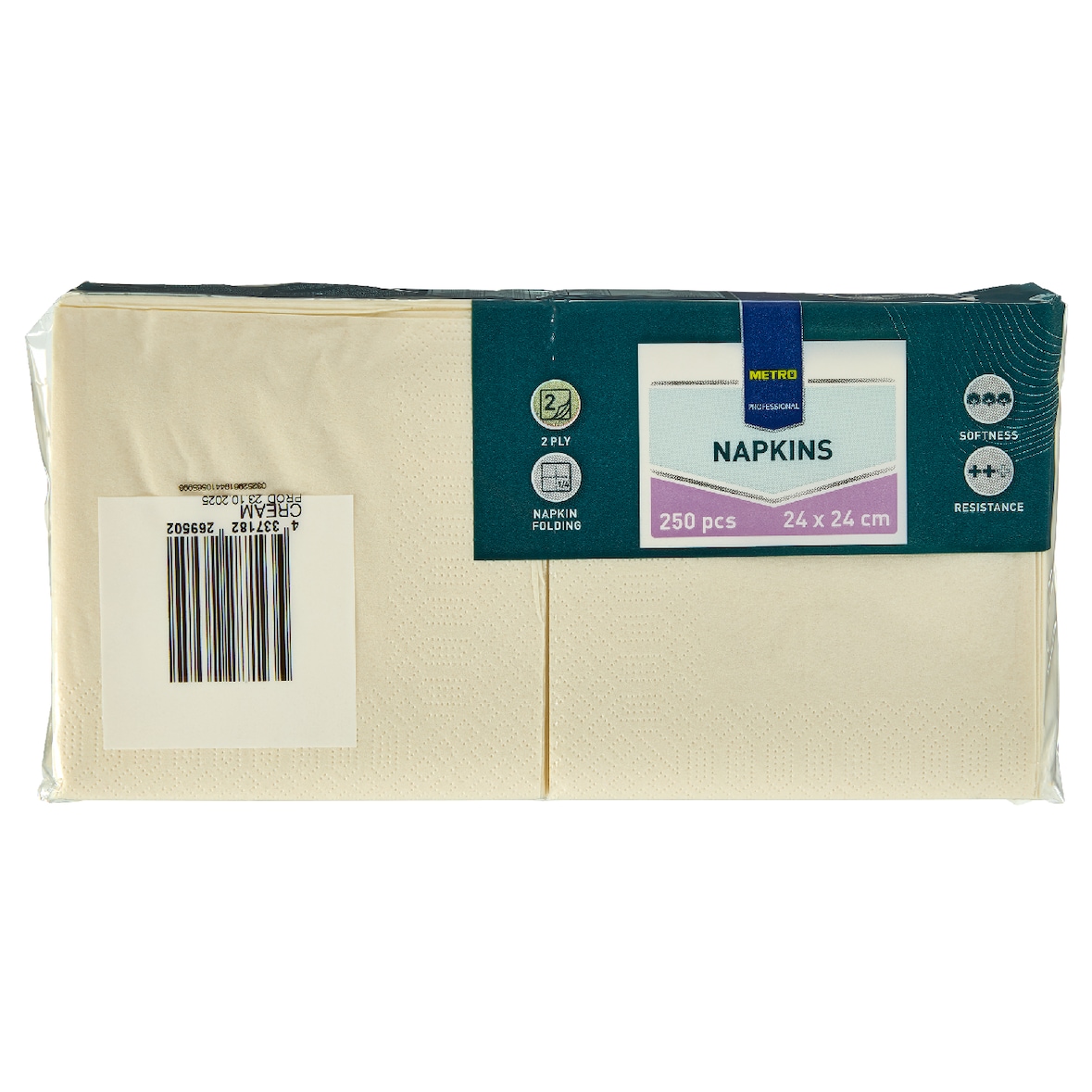 METRO PROFESSIONAL Cellulose servetten, 24 x 24 cm, 1/4 vouw, 2-laags, beige, 8 x 250 stuks