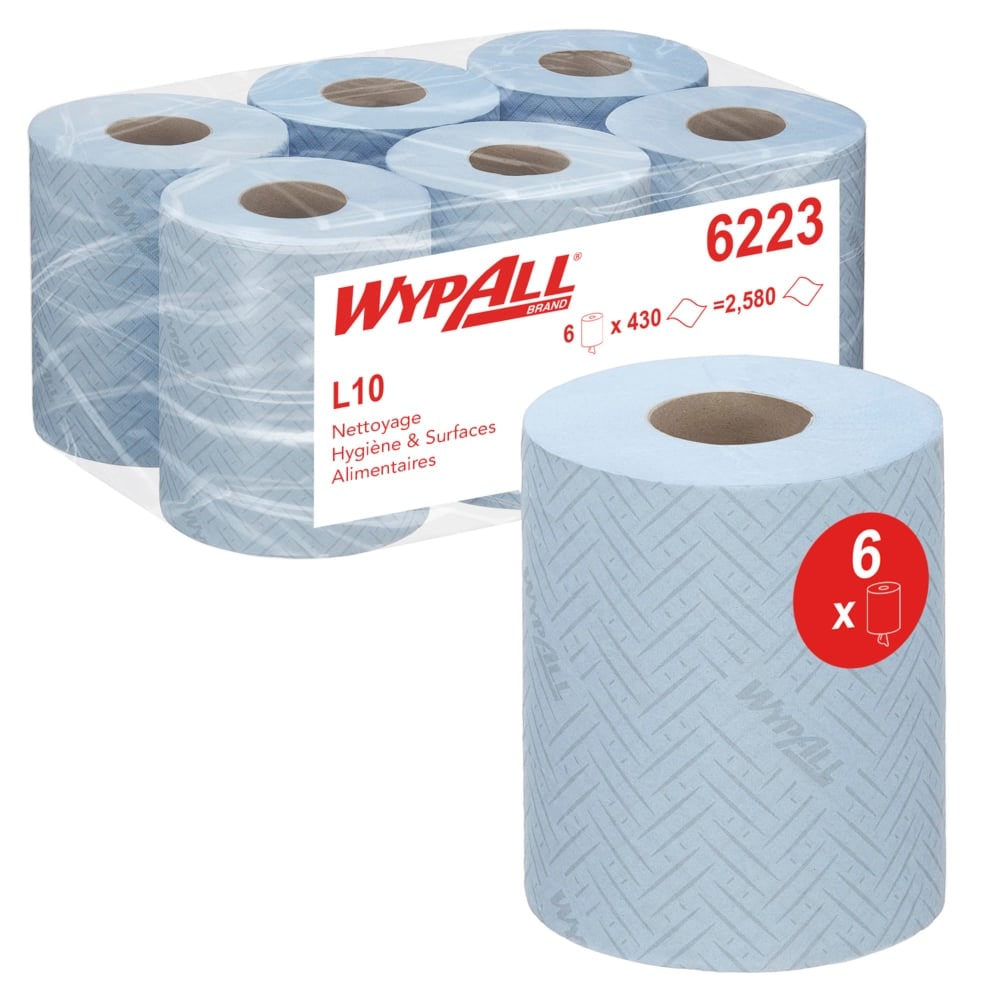 Essuyeur WypAll L10 Hygiène & Surfaces Alimentaires 6223 - Rouleau bleu à dévidage central - 6 rouleaux x 430 essuyeurs en papier