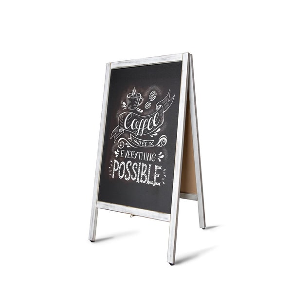 Kundenstopper Kreidetafel - Mit Holzrahmen - Für Innen & Außenbereiche - Weiß-Grau / 51 x 5,5 x 101,5 cm