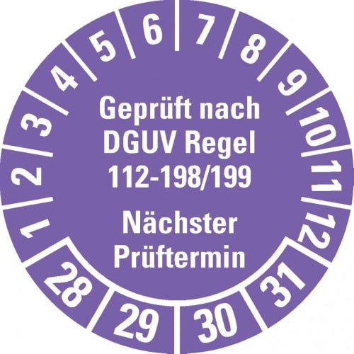 Dreifke® Prüfplakette Geprüft nach DGUV 112-198/199 28-31, violett, Ø 30mm, 18 Stk.