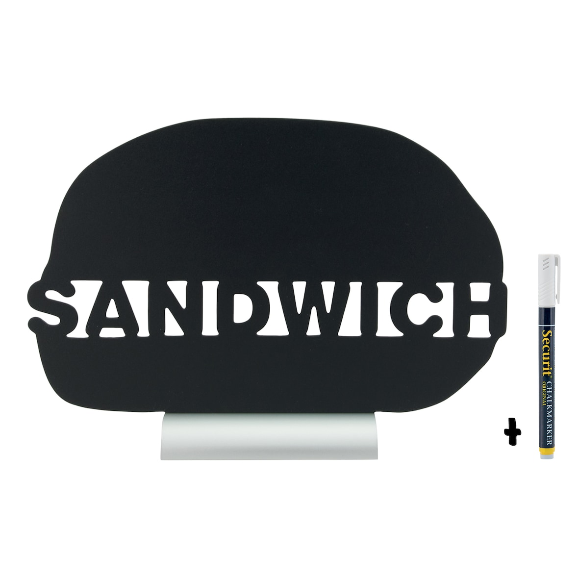 Securit® Pizarra de mesa - Silueta Sandwich - Base de aluminio - Rotulador de tiza incluido