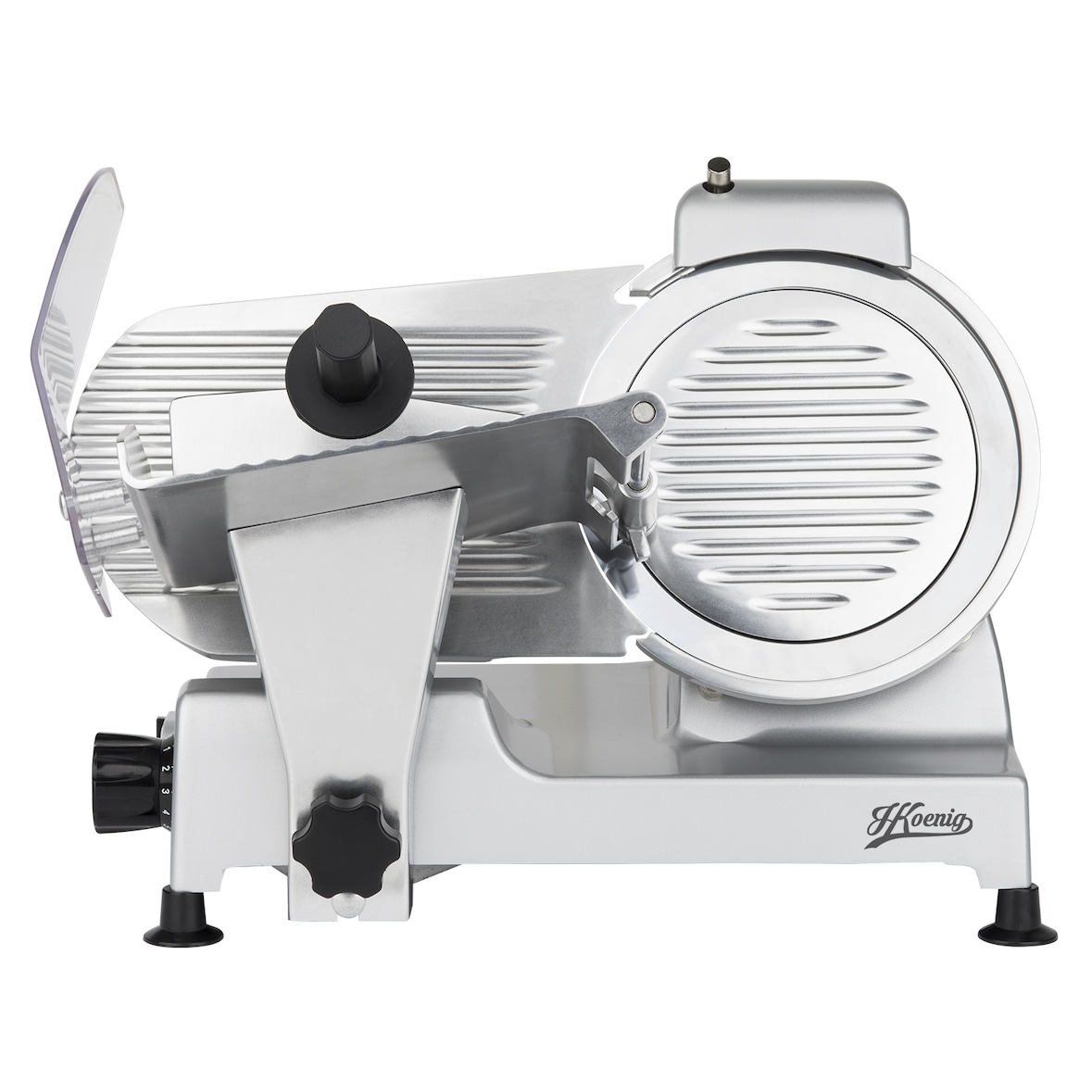 H.Koenig Elektrische Allessnijder MSX220, Voor vleeswaren, professioneel, Snijdikte 0–12 mm, Italiaans mes 20 cm, Ingebouwde slijper, 282 tpm, Zilver
