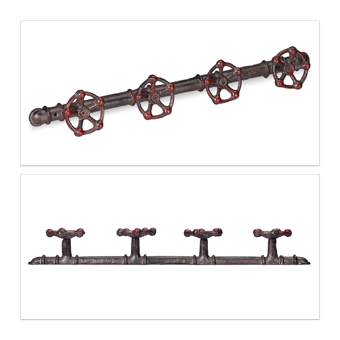 Relaxdays Wandgarderobe industrial, 4 Kleiderhaken, Pipeline, Gusseisen Deko, rustikal, HxBxT: 6,5 x 46,5 x 6 cm, braun