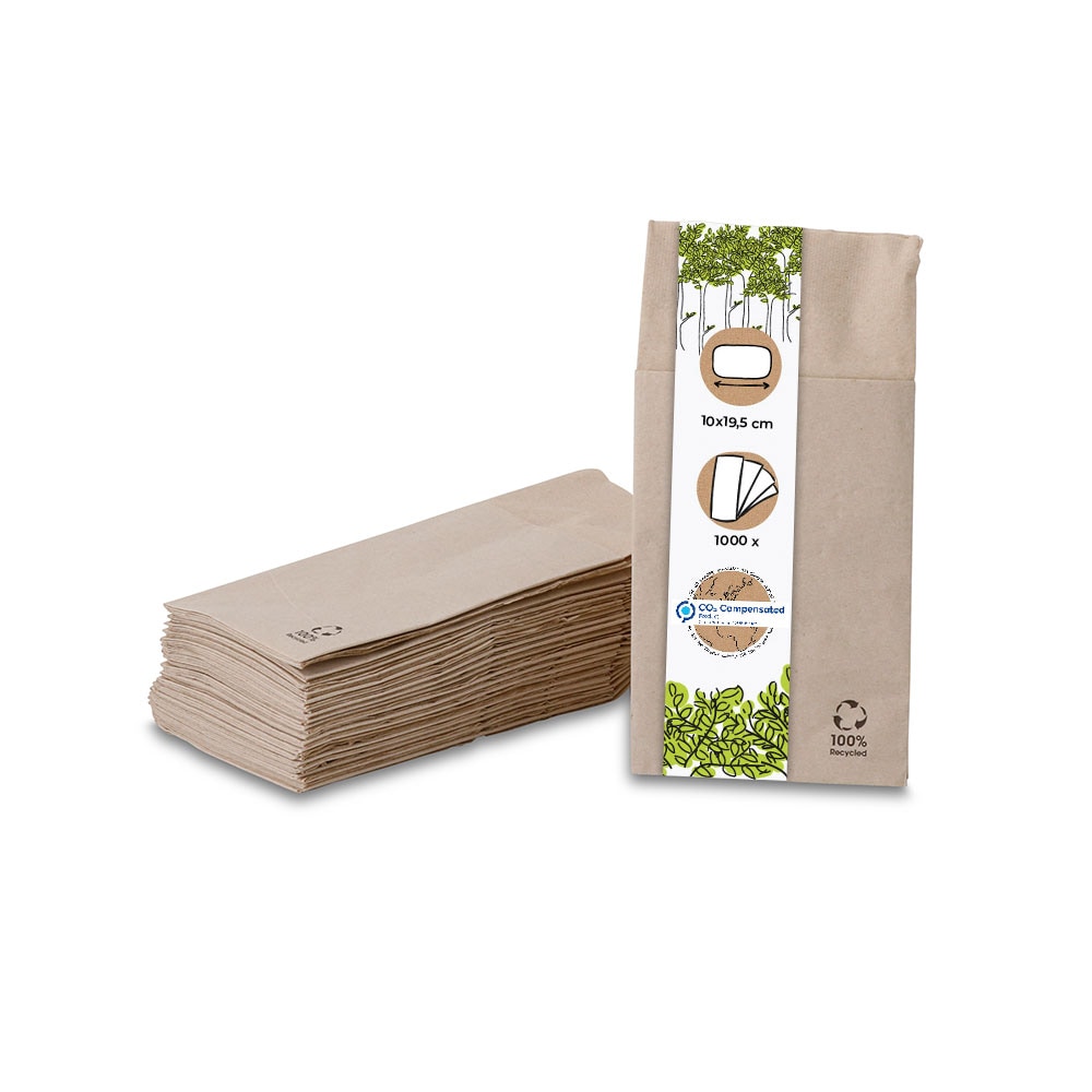 BIOZOYG 250 Stück Papierservietten 10 x 19,5 cm ungebleichte Einwegservietten, Recycling-Papierservietten, 2-lagig für Besteck, Gastroservietten