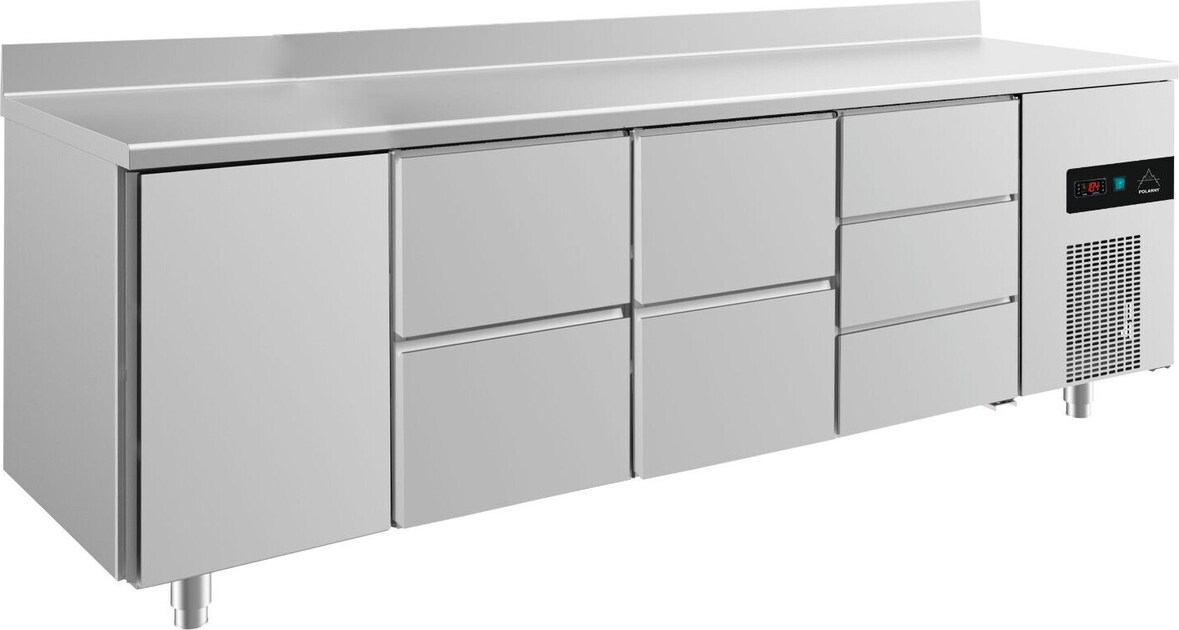 Gastro Kühltisch 1 Tür links je 2 Schubladen mittig 3 Schubladen rechts, Aufkantung, Umluftkühlung 2330x700x850mm -2/+8°C 632l