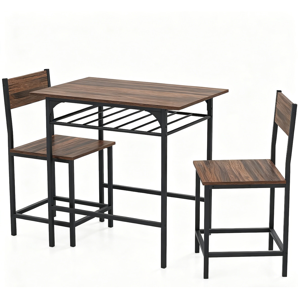 COSTWAY Mesa de Comedor con 2 Sillas, Juego de Comedor de 3 Piezas de Madera con Compartimento de Almacenamiento y Marco Metálico