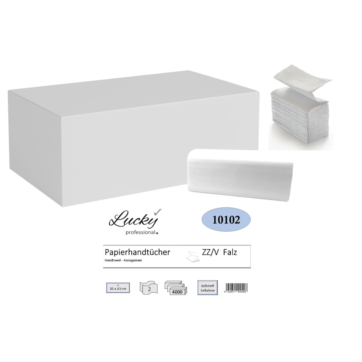 Papierhandtücher, 2-lagig, 25x23 cm, ZZ/V-Falz,Zellstoff weiß   4000 Blatt/Karton
