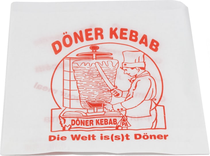 DayBays 24 Kg Döner-Tüten 16x16 cm weiss mit rotem Druck "DÖNER KEBAB" und Spenderbox