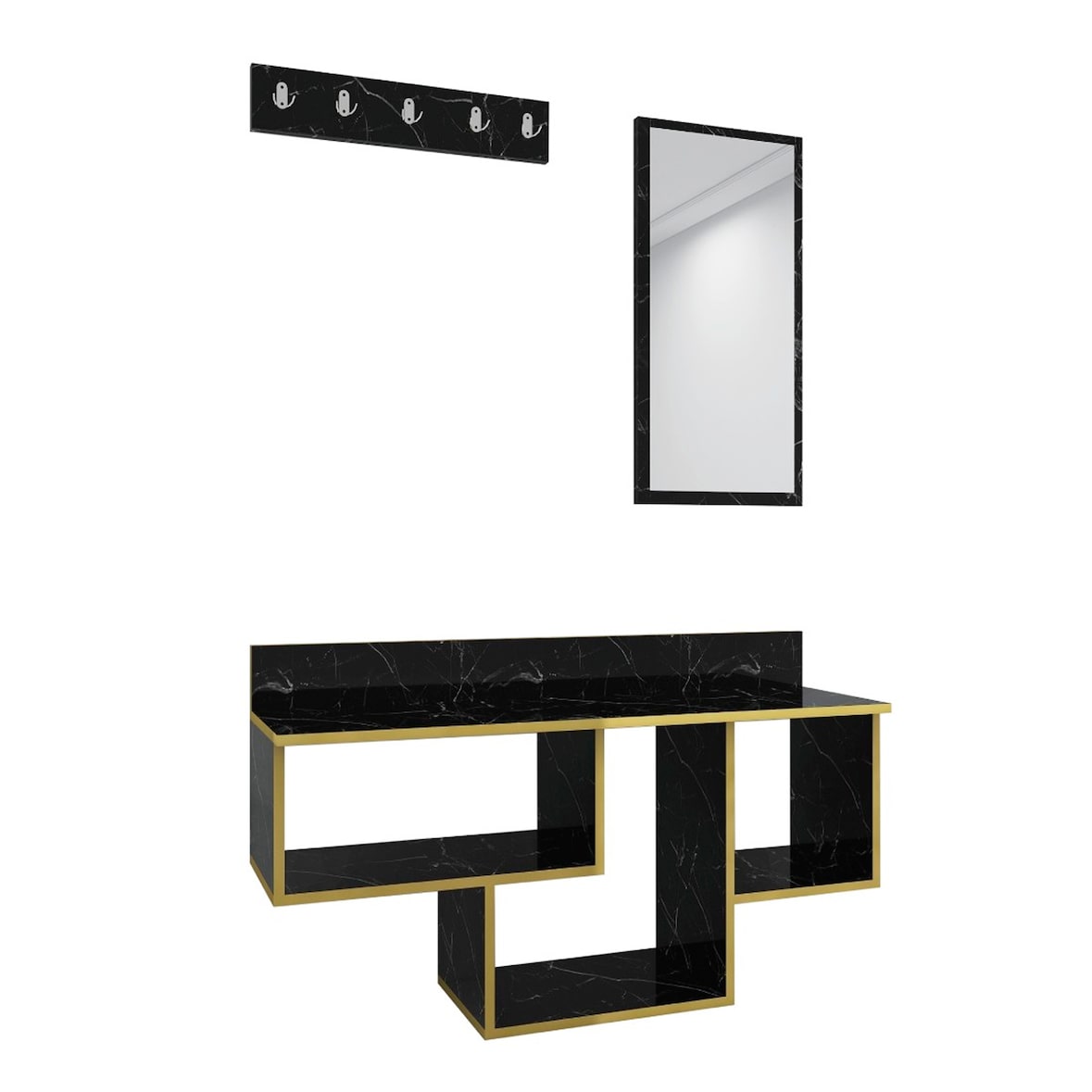WellHome Colorado Conjunto Estante para Entrada com Espelho em cor Preta e Dourada