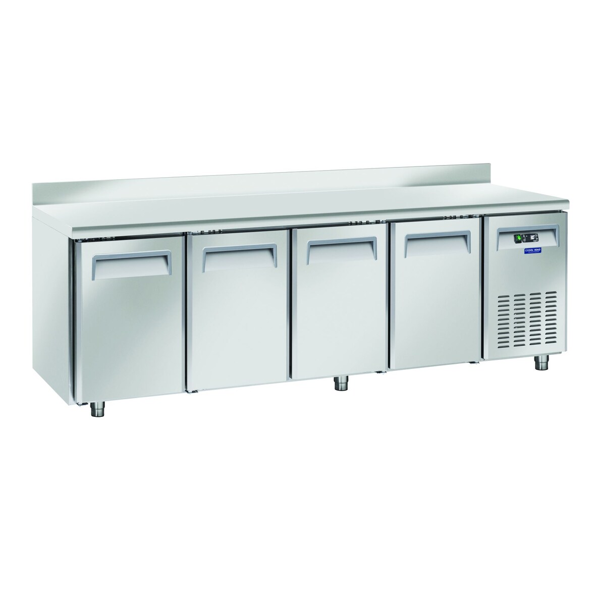 Tavolo refrigerato Pasticceria 4 porte con alzatina. Sbrinamento automatico. Temperatura +2°C/+8°C. Misure cm 248x80x85/95h. Cool Head PA4200