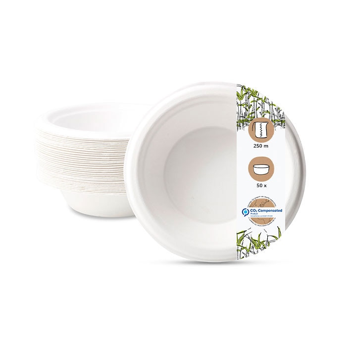BIOZOYG 50 Stück Schale aus Zuckerrohr 250ml - Einwegschale für Salate, Bowls, Suppen, Eintöpfe - Runde Zuckerrohrschale - biologisch abbaubar