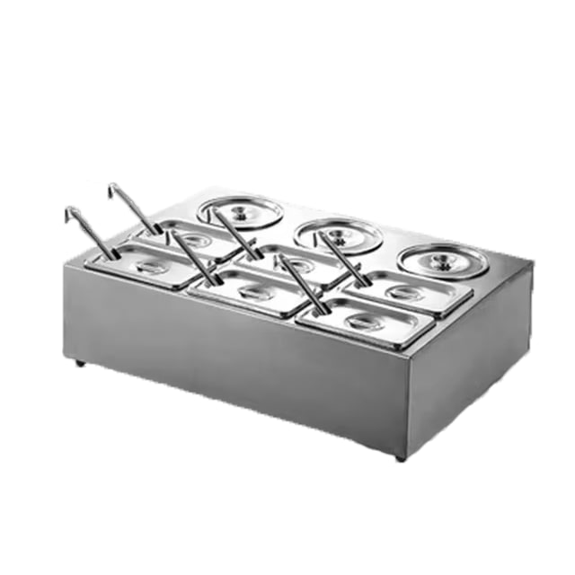 Soporte metálico para 6 recipientes GN 1/9 + 3 recipientes cilíndricos y 6 cucharas con tapa