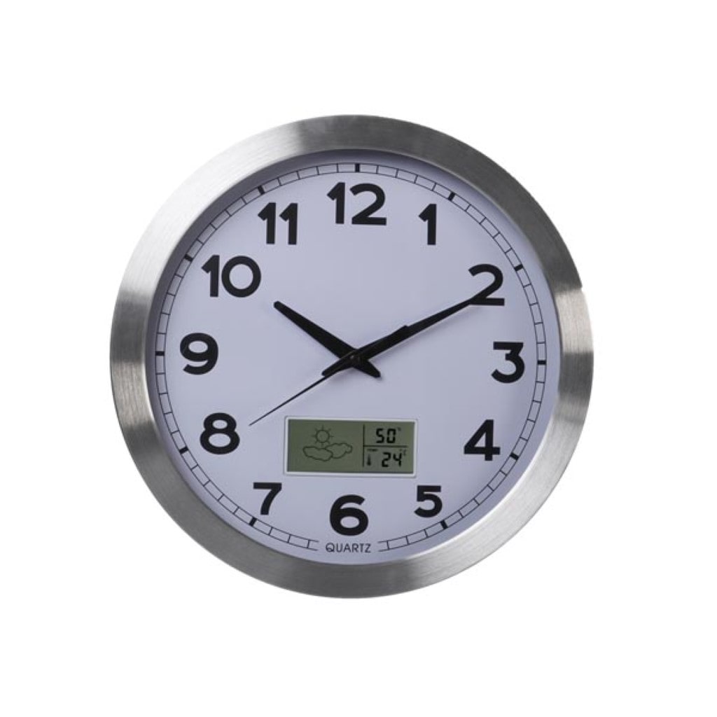 Horloge murale, rond, analogique, 35 cm, écran LCD avec thermomètre, hygromètre et provisions météo, aluminium, argent