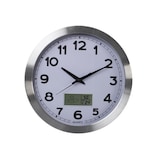thumbnail of Horloge murale, rond, analogique, 35 cm, écran LCD avec thermomètre, hygromètre et provisions météo, aluminium, argent