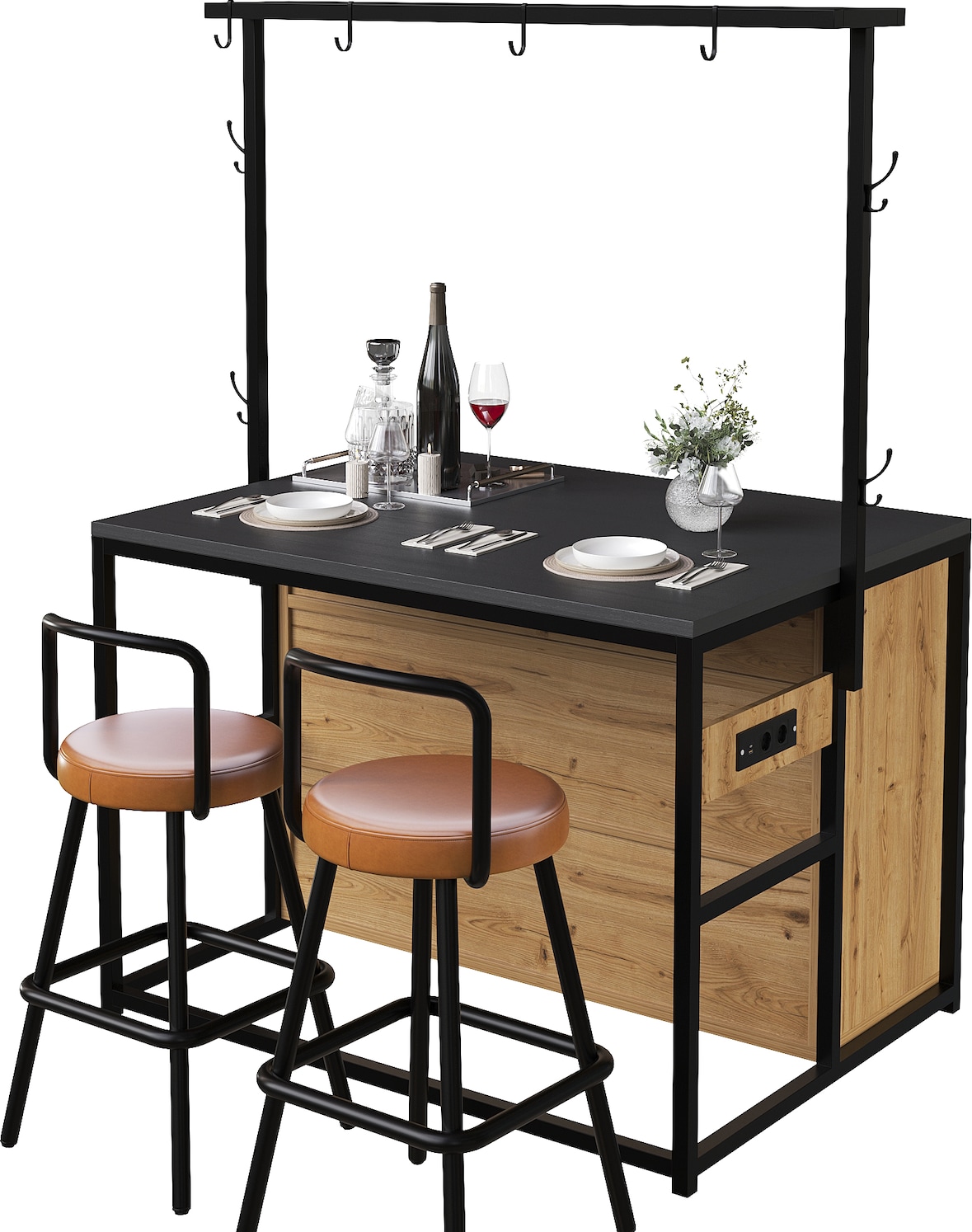 Kücheninsel-Set mit 2 Barhockern, MDF & Metall, Holzoptik, mit Steckdosen, USB und Stauraum, 107x62x183 cm