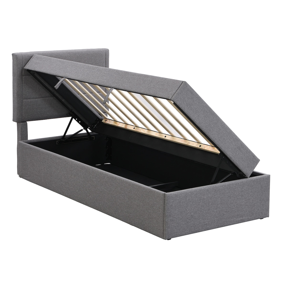 Merax Hydraulisches Polsterbett 90x200 aus Leinen Einzelbett Funktionsbett mit Gepolstertes Kopfteil & Lattenrost Grau