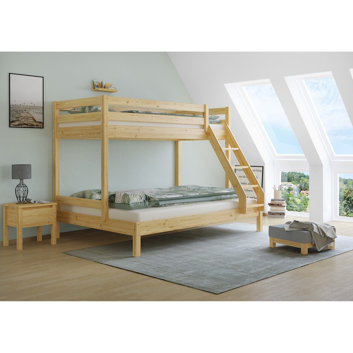 Doppel-Etagenbett 140x200 und 90x200 Erwachsenen-Stockbett Kiefer Massivholz natur V-60.18-09-14 Rollrost inkl.