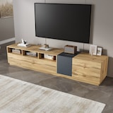 thumbnail of TV-Schrank 200x45x45cm mit 3 offenen Fächern, Klapptür & Seitentüren, modern, robust, Stauraum für Wohnzimmer, Medienmöbel, Holzoptik Schwarzgrau