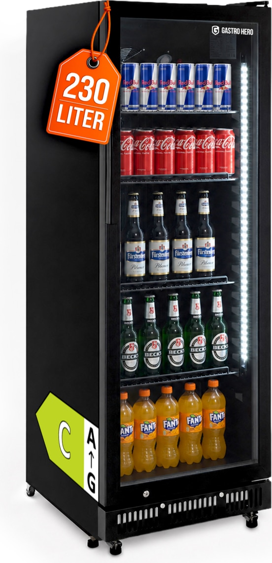 GastroHero Getränkekühlschrank GKS-230 I 230 L Getränkekühlschrank mit Glastür & LED I Flaschenkühlschrank abschließbar I Bierkühlschrank 0 bis +8 °C