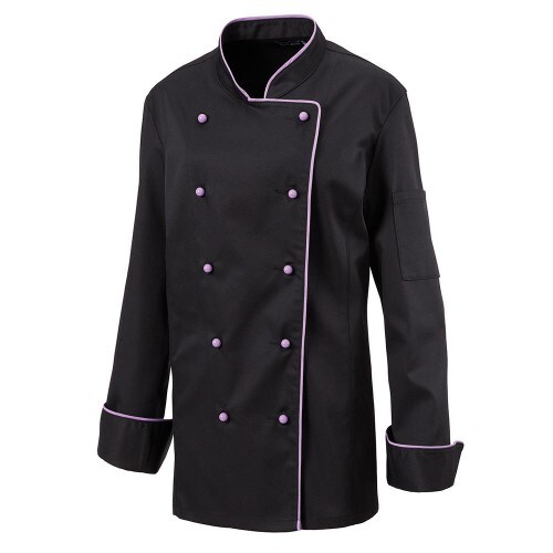 219 - Damenkochjacke langarm, taillert, Fb. schwarz, mit farbiger Paspel : purple 65% Polyester 35%Baumwolle 220 g/m² XS