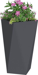 Ein grauer Blumentopf mit rosa Blumen.