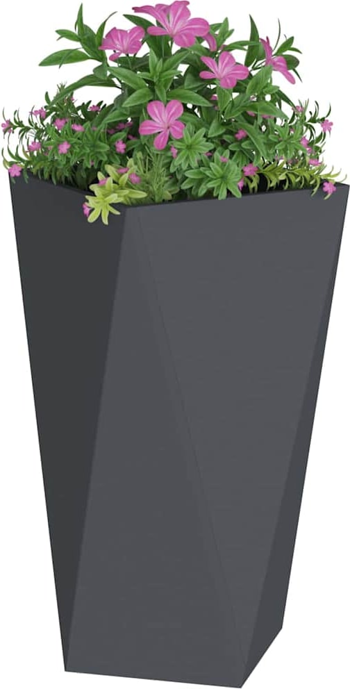 Ein grauer Blumentopf mit rosa Blumen.