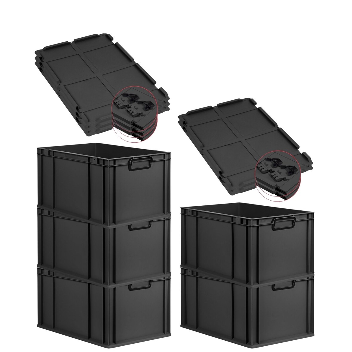 PROREGAL SuperSparSet 5x Eurobox NextGen Color mit Scharnierdeckel & Verschlüssen, HxBxT 32x40x60cm, 65L, Schwarz, Griffe schwarz zu, Eurobehälter