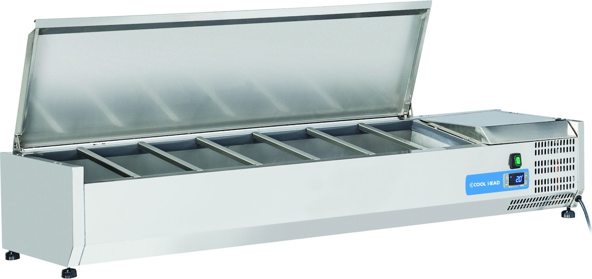 Edelstahl-Kühlvitrine für 7 GN1/4 Tabletts. Abmessungen 150x33,5x28,1h cm. Temperatur +2°C/+8°C. Kühlkopf VRX 15/33S/S