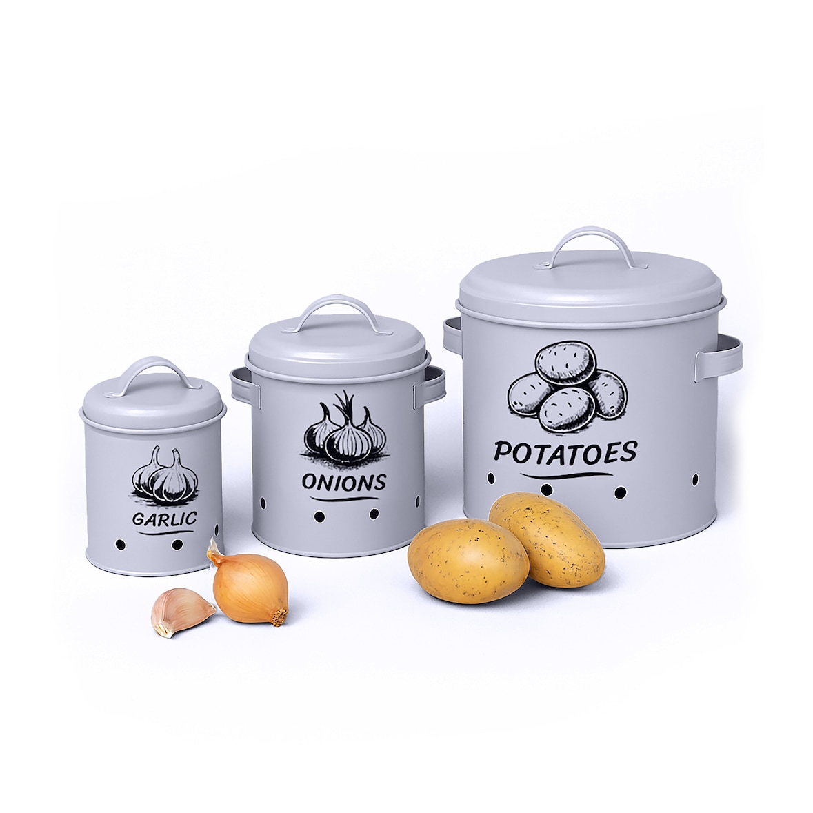 Relaxdays Kartoffel Aufbewahrungsbox, Zwiebeln, Knoblauch, 3er Set, mit Deckel & Löchern, Metall, Zwiebeltopf, grau