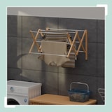 thumbnail of Relaxdays Wäscheständer Wandmontage, ausziehbar, HxBxT: 45 x 71,5 x 59 cm, Bambus & Metall, Wandtrockner, natur/weiß