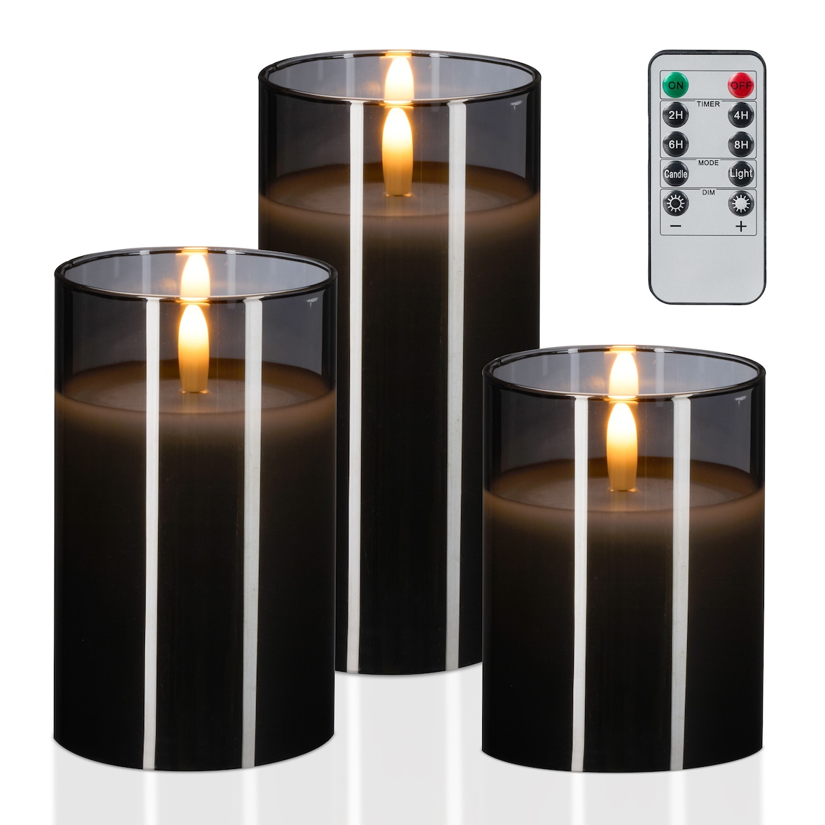Relaxdays LED Kerzen im Glas, 3er Set, Fernbedienung, Timer & flackernde Flamme, Echtwachs, Windlichter flammenlos, grau