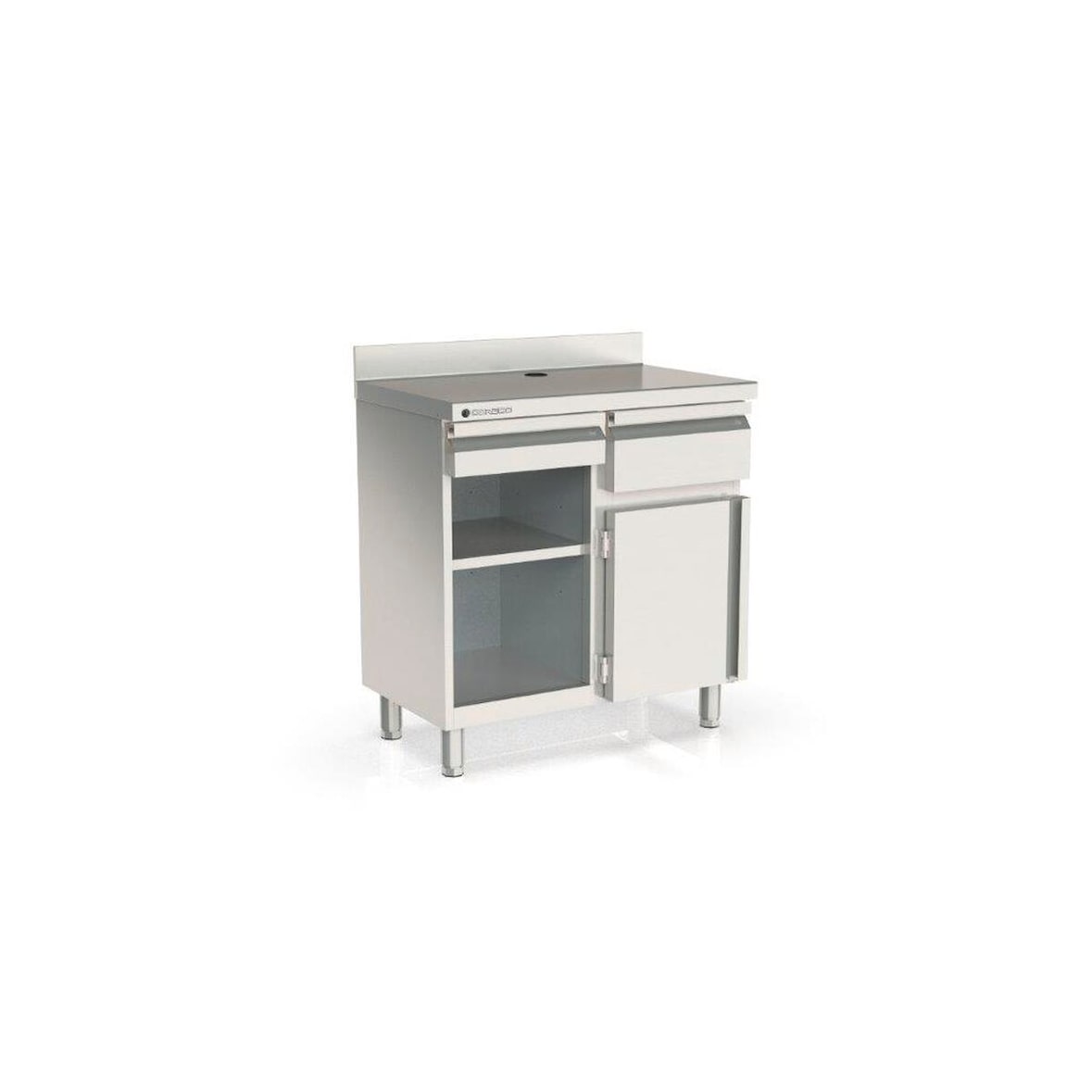 CORECO Meuble Machine A Cafe - 1 Tiroir - 1 Porte - 1 Tremie A Cafe - 1 Etagere - Exterieur Inox Aisi 304 - 990X600X1040 - Avec Dosseret SMC-100-S