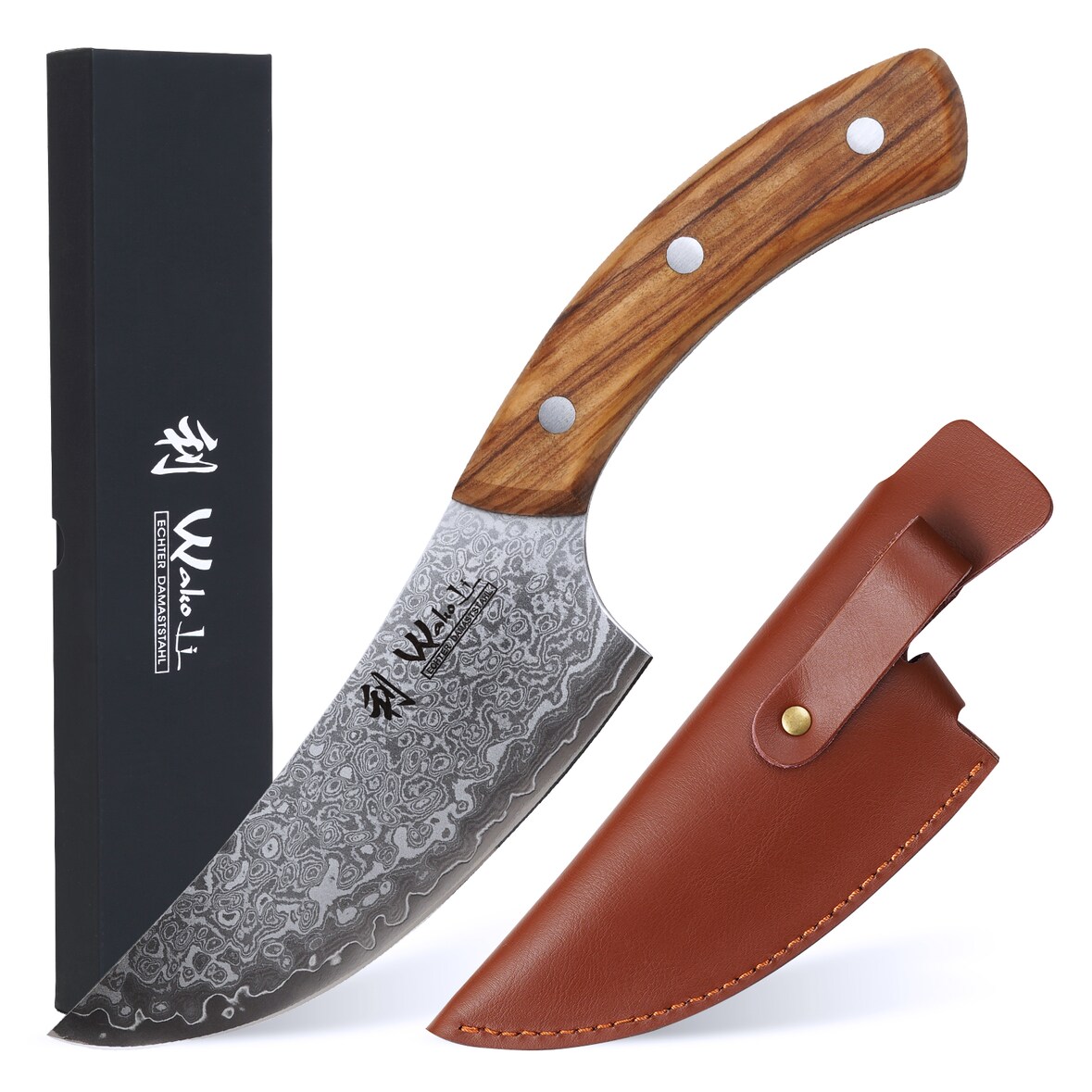 Wakoli Kleines Chefmesser mit Olivenholzgriff und Klingenschutz aus Leder