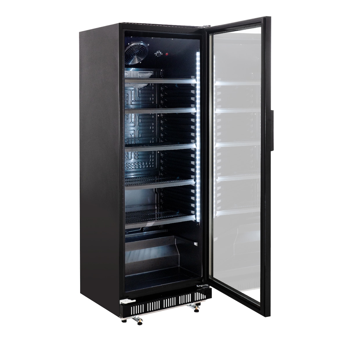 GastroHero Getränkekühlschrank GK-360BB, 360 Liter Kühlraumvolumen, 4 verstellbare Einlegeböden, Innenbeleuchtung, Abschließbar, Schwarz