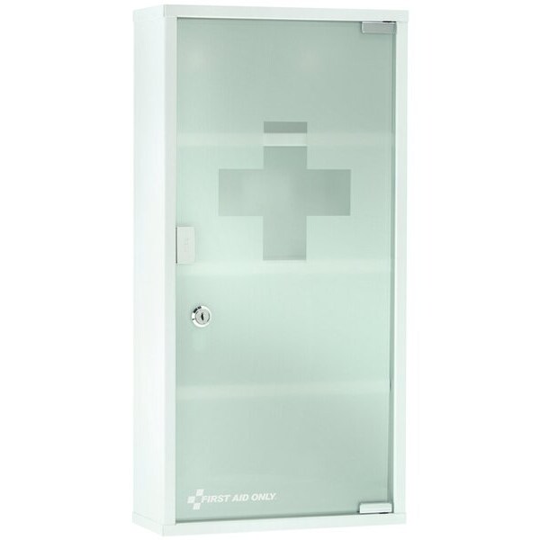 Erste-Hilfe-Schrank, Metall, weiß, stoßfeste Glastür aus Milchglas