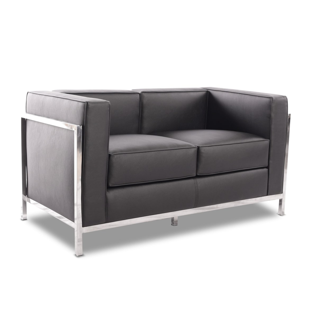 MF - Sofá LOBBY, de 2 lugares, em aço inoxidável, estofado em pele sintética preta. 70 x 132 x 68 cm
