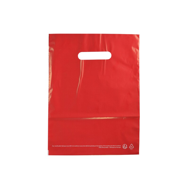 Saco plástico vermelho com pegas recortadas de PEBD reciclado 25x32 cm por 1000 - Gimex