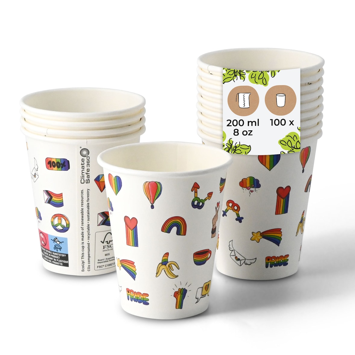BIOZOYG Pappbecher bedruckt 100 Stück Pride 200ml/8oz, Ø 80mm Weiß - Kaffeebecher to go - Pappe beschichtet mit PE - Trinkbecher/Einweg
