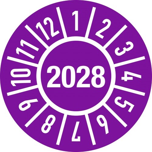 Dreifke® Prüfplakette Jahr 2028 mit Monaten, Folie, Ø 30 mm, 500 Stück/Rolle
