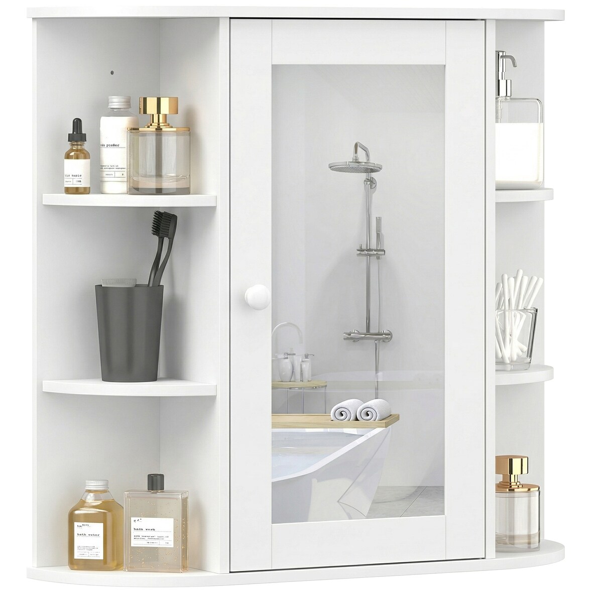 Armario de Baño con Espejo Mueble Colgante de Aseo con 1 Puerta 2 Estantes Interiores y 6 Estantes Laterales para Salón Cocina Dormitorio 66x17x63 cm